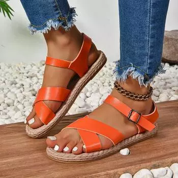 Женская обувь 2024 года, высококачественные женские сандалии с пряжкой на ремне, модные повседневные сандалии с открытым носком, женские летние сандалии больших размеров на плоской подошве 36 оранжевый