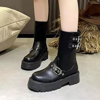 Женская обувь 2024 года, высококачественные женские сапоги с круглым носком, модные ботинки на короткой платформе и толстом каблуке 35 чёрный
