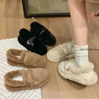 Женская обувь 2024 года, замшевые туфли на плоской подошве с круглым носком, зимние однотонные резиновые туфли с пряжкой на ремне, Zapatos De Mujer 35 чёрный