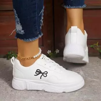 Женская обувь 2024 года, женская обувь из вулканизированной кожи на шнуровке, женские кроссовки больших размеров с вышивкой в виде галстука-бабочки и круглым носком, женская повседневная обувь 35 чёрный