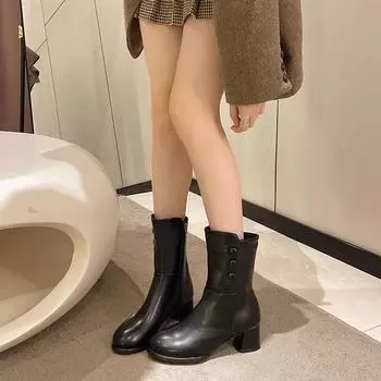 Женская обувь 2024 года, женские ботинки до середины икры, классические, современные ботинки, женские, с пуговицами, круглым носком, боковой молнией, средним каблуком, женская обувь больших размеров 35 чёрный