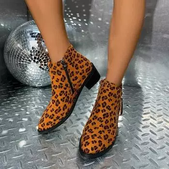 Женская обувь 2024 года, женские ботинки до щиколотки больших размеров, женские ботинки в стиле ретро с леопардовым принтом, средний каблук, молния сбоку, женская обувь для активного отдыха 36 абрикосовый