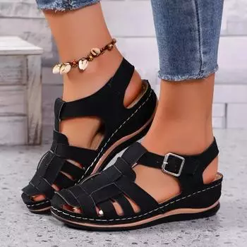 Женская обувь 2024 года, женские сандалии с закрытым носком, повседневные сандалии для отдыха, женские с круглым носком, пряжкой, ремешком, большие размеры, танкетка, женская обувь 36 чёрный