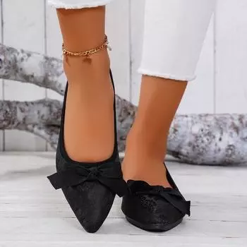 Женская обувь 2024 года. Женские туфли на плоской подошве. Повседневные туфли на плоской подошве. Женская обувь с завязкой-бабочкой и острым носком. Мягкая подошва. Большие размеры. Женская обувь. 36 чёрный