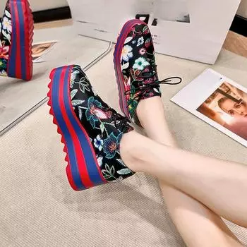 Женская обувь 2024 года, женские туфли на шнуровке на высоком каблуке, повседневные туфли-лодочки больших размеров, женские туфли с принтом, круглым носком, на платформе и танкетке, женские 35 чёрный