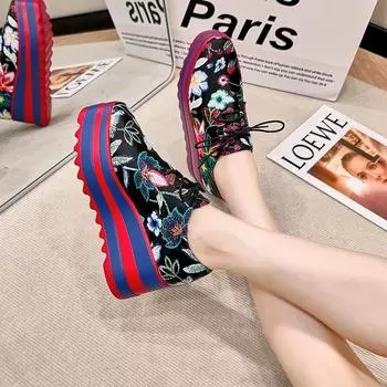 Женская обувь 2024 года, женские туфли на шнуровке, высокие каблуки, большие размеры, повседневные туфли-лодочки, женские туфли с принтом, с круглым носком, на платформе и танкетке, женские туфли Zapatos 35 чёрный