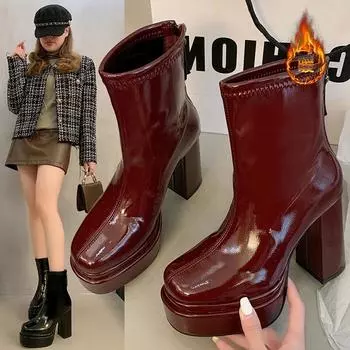 Женская обувь 2024 года, зимние новые модные женские ботинки на толстом каблуке и платформе, повседневные универсальные туфли на высоком каблуке, Botas Altas Plataforma Mujer 35 чёрный