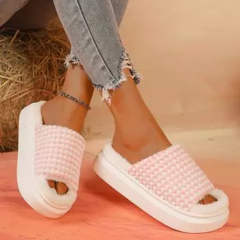 Женская обувь 2024 года, зимние тапочки с открытым носком и мягкой подошвой, плюшевые пушистые тапочки, женская мода, удобные, сохраняющие тепло, нескользящие хлопковые шлепанцы 36 светло-синий