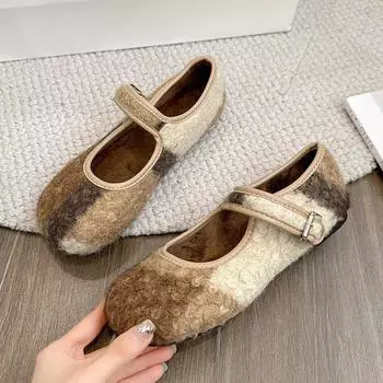Женская обувь 2024 года, зимняя плоская подошва, французский ретро, круглый носок, плюшевые туфли Мэри Джейн, новые удобные хлопковые туфли с пряжкой 35