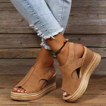 Женская обувь2024 новые римские туфли на танкетке сандалии большого размера повседневные классные женские туфли слитные туфли 36 коричневый