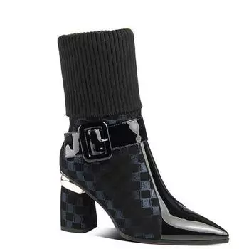 Женская обувь 2024 Новый стиль Толстый каблук Эластичная ткань Женские ботинки Зима Новые Острый носок Молния Модные Ботильоны на высоком каблуке Женские 34 синий