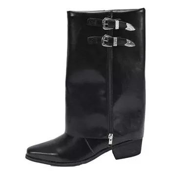 Женская обувь 2024 Высокое качество Рукав Женские сапоги Осень Острый носок Однотонные Высокий голенище Массивный каблук Большой размер Модные сапоги 35 чёрный