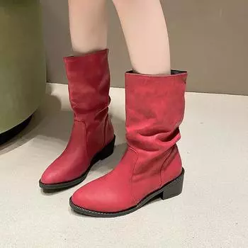 Женская обувь 2024 Высококачественные женские сапоги без застежек Модные большие размеры Современные сапоги Женские новые пошивочные однотонные сапоги до середины икры Zapatos 35 чёрный