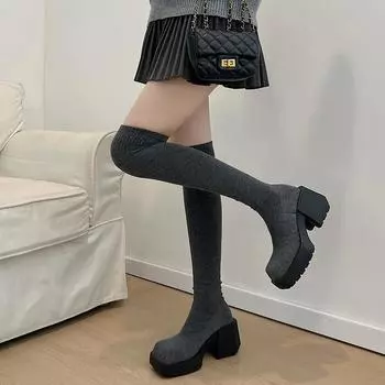 Женская обувь 2024 Высококачественные женские сапоги без застежек Модные эластичные тканевые современные сапоги Женские новые сапоги выше колена с круглым носком 35 чёрный