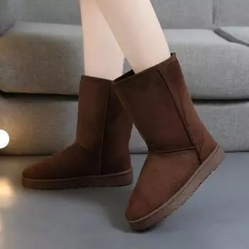 Женская обувь 2024 Высококачественные зимние женские сапоги Теплые сапоги до середины икры Женские сшитые круглые носки Низкий плоский каблук Слипоны Женские 35 чёрный
