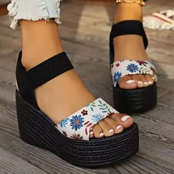 Женская обувь 2024, женские сандалии высокого качества на эластичной ленте, летние сандалии с открытым носком, разноцветные уличные повседневные сандалии на платформе на танкетке 34 покинуть белый
