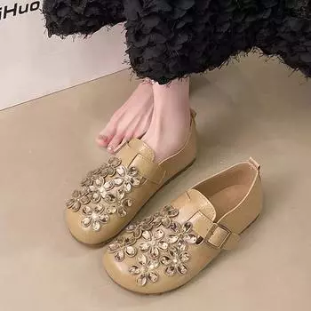 Женская обувь 2025 года, брендовая женская обувь на плоской подошве с пряжкой на ремне, модная повседневная обувь на плоской подошве с кристаллами, горячая распродажа, туфли на плоской подошве с круглым носком и низким каблуком 35 бежевый
