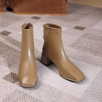 Женская обувь 2025 года, горячая распродажа, женские ботинки с молнией сзади, модные, с квадратным носком, для офиса и карьеры, высокого качества, большие размеры, однотонные ботильоны 34