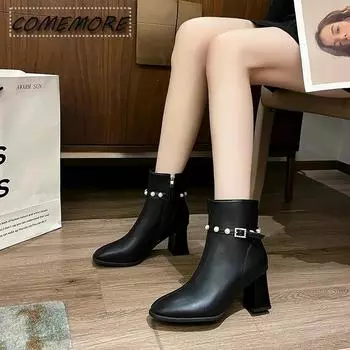 Женская обувь 2025 года, модные ботинки с боковой молнией, горячая распродажа, металлические украшения, офисные, карьерные, новые, ботильоны с пряжкой на ремне, элегантные, классические 35 чёрный