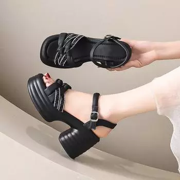 Женская обувь 2025 года, женские босоножки с открытым носком, элегантные босоножки для платья, женские туфли с пряжкой и ремешком на платформе и массивном каблуке 34 покинуть белый