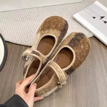 Женская обувь 2025 года, зимняя плоская подошва, французский ретро, круглый носок, плюшевые туфли Мэри Джейн, новые удобные хлопковые туфли с пряжкой 35