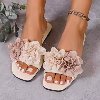 Женская обувь 2025 Лето Открытый носок Женские тапочки Модные Цветочные платья Тапочки Женские туфли на квадратном каблуке для женщин 36