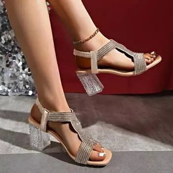 Женская обувь 2025 Высококачественные женские босоножки с открытым носком Модные босоножки с кристаллами для женщин Горячая распродажа Босоножки на каблуке больших размеров 36 золотой