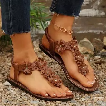Женская обувь 2025 Высококачественные женские сандалии с защипнутым носком Модные цветочные пляжные сандалии Женские летние сандалии больших размеров на плоской подошве 36 темно-коричневого