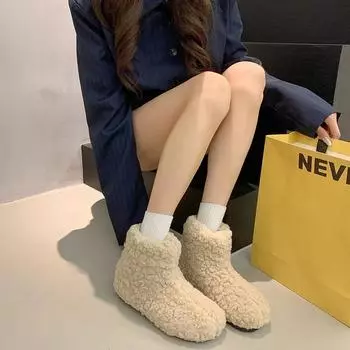 Женская обувь 2025 Высококачественные женские сапоги без застежек Модные короткие плюшевые повседневные сапоги Женские зимние теплые легкие сапоги для снега 35 бежевый