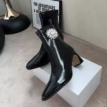 Женская обувь 34-42 Эластичные тонкие средние сапоги осень и зима со стразами квадратный каблук высокий короткий сапоги дети толстый каблук 34