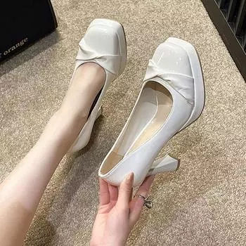 Женская обувь, элегантные туфли на высоком каблуке, сексуальные, весна-лето 2024, новые яркие кожаные туфли-лодочки, толстый каблук 10 см, бант, квадратный носок, туфли на платформе 34 белый