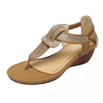 Женская обувь Бохо Блестящие босоножки на танкетке Женские стринги с круглым носком Модная женская обувь 35 чёрный