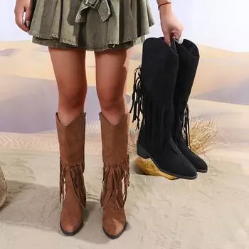 Женская обувь Бохо уличные сапоги до середины голени женские 2024 новые зимние модные женские сапоги из искусственной замши с этническими кисточками Botas De Mujer 36 чёрный