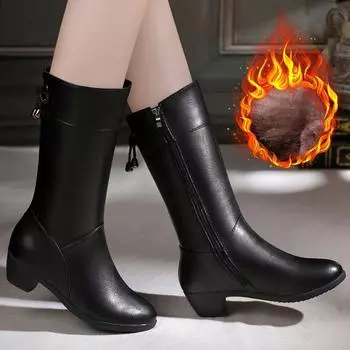 Женская обувь Боковая молния женские сапоги зимние с острым носком плюшевые флиса для тепла однотонные средние сапоги рыцаря 42 чёрный