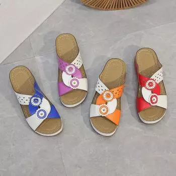 Женская обувь больших размеров, летние винтажные женские тапочки на танкетке с открытым носком, нескользящие кожаные женские сандалии на платформе в стиле ретро 35