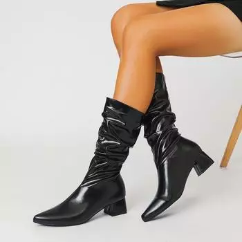 Женская обувь больших размеров - Модные женские сапоги с острым носком на длинном каблуке Трендовые сапоги 35 чёрный