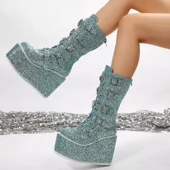 Женская обувь больших размеров, женские ботинки до середины икры с блестящей молнией сзади, женские ботинки на высокой платформе, новинка с пряжкой на ремне, женская обувь 42 красный