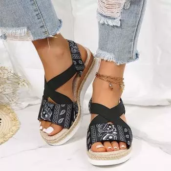 Женская обувь большого размера 2024 года, летние европейские босоножки на каблуке с уклоном, женские эластичные чехлы для ног в римском стиле, женские туфли на платформе с рыбьим ртом 36 чёрный