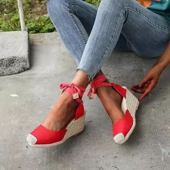 Женская обувь большого размера, лето 2024, новые однотонные босоножки на танкетке с французским ремешком на щиколотке, женские босоножки 35 чёрный