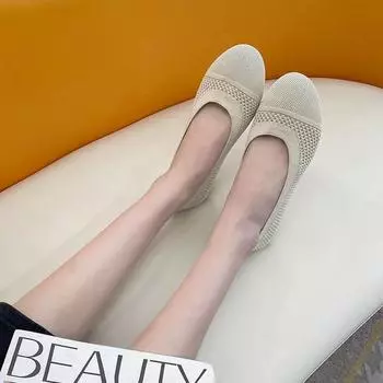 Женская обувь большого размера с мягкой подошвой, новые трикотажные туфли на плоской подошве, женские дышащие однотонные туфли с круглым носком для ходьбы, Zapatos 35