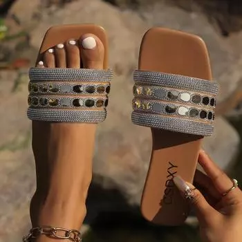 Женская обувь большого размера с плоской подошвой, модные шлепанцы со стразами и пайетками на плоской подошве, повседневная универсальная пляжная обувь 35 чёрный