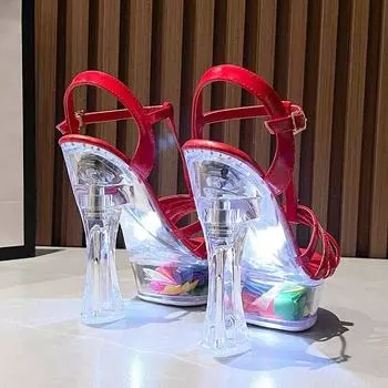 Женская обувь, босоножки на высоком каблуке с металлической пряжкой и цветочным принтом, босоножки на блочном каблуке с тонким ремешком, серия 10365, каблук 14 см, платформа 4 см, LFD 34 чёрный