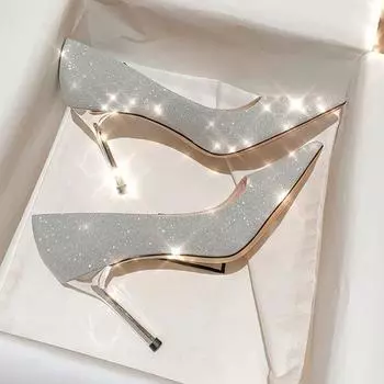 Женская обувь, босоножки на высоком каблуке-шпильке с блестками и острым носком, женские элегантные светские туфли на спине Q42 35 серебряный