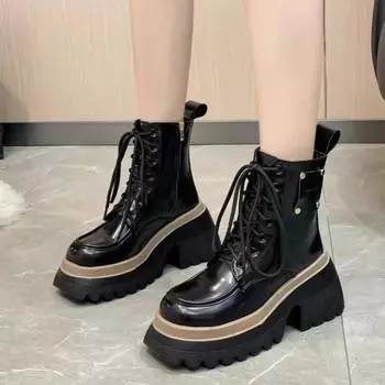 Женская обувь Ботинки Ботильоны 2024 Новая осень British Wind Натуральная кожа Толстые с мехом Женские короткие ботинки Мотоциклетные ботинки на каблуках 37