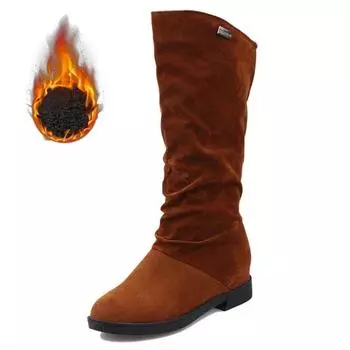 Женская обувь Ботинки до середины икры Теплые плюшевые Женская обувь Ретро Слипоны Платформа Низкий каблук Рыцарские Длинные Стрейч-ботинки 2025 35