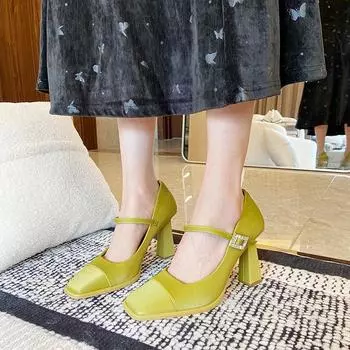 Женская обувь Бренд Неглубокие Женские Туфли на Высоком Каблуке Модные Туфли-Лодочки с Ремешком и Пряжкой Женские Квадратный Носок Однотонные Каблуки Женские 35