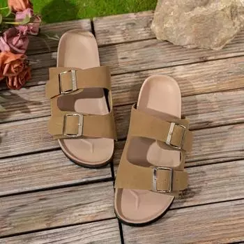 Женская обувь Бренд Peep Toe Женские тапочки Модные повседневные тапочки с пряжкой на ремне Женские летние тапочки больших размеров на плоской подошве 35