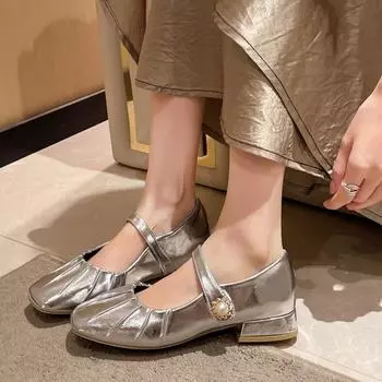 Женская обувь Брендовая пряжка Ремешок Женские туфли на высоком каблуке Модные туфли-лодочки на плоской подошве Женские туфли на высоком каблуке большого размера 35 серебряный