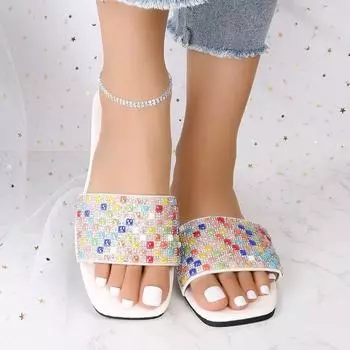 Женская обувь Брендовые базовые женские тапочки Модные повседневные тапочки с кристаллами Женские летние тапочки больших размеров с открытым носком на плоской подошве 36