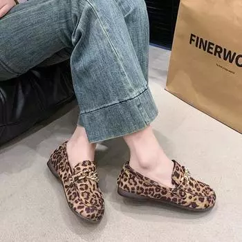Женская обувь Брендовые лоферы Женские туфли на плоской подошве Модные повседневные туфли с леопардовым принтом на плоской подошве с металлическими украшениями Туфли на плоской подошве на низком каблуке 35